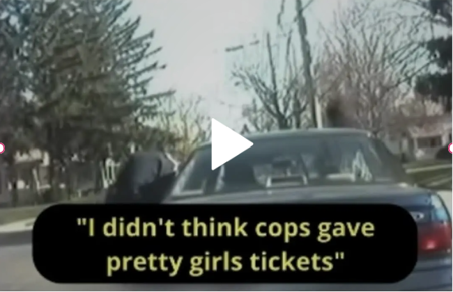 A young woman faces a traffic ticket in a quaint street. Her attempt at a playful remark about police not giving tickets to pretty girls takes an unexpected turn.