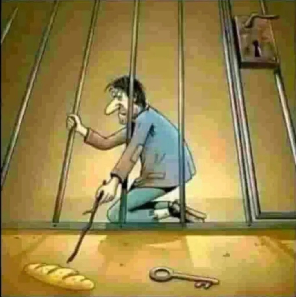 A philosopher behind bars, playfully choosing bread over a key with a stick in a humorous image.