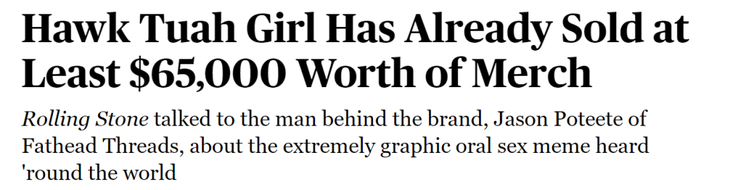 Screenshot of a Rolling Stone article about the Hawk Tuah Girl selling $65,000 worth of merchandise.