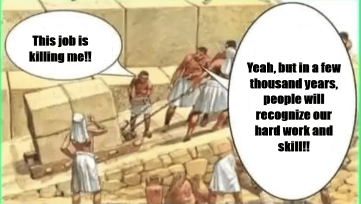 Ancient Egyptians pulling a giant stone block with ropes, expressing frustration about their hard work.