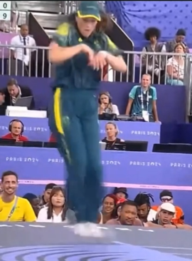 Rachael Gunn jumping in a Thriller-inspired breakdancing move.