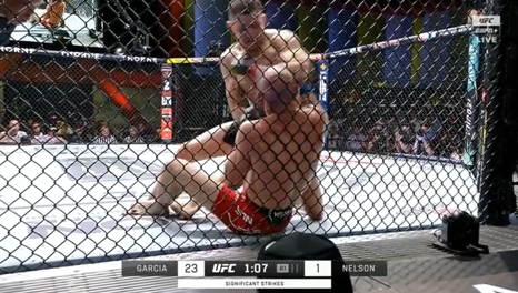 A photo of UFC fighter Steve Garcia landing elbows on Kyle Nelson during their fight.