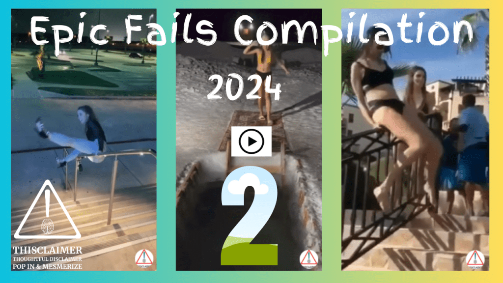 A sequence of three images: a woman sliding down a fence, followed by her second attempt, and ending with a woman in a bikini running toward freezing snow-covered water.