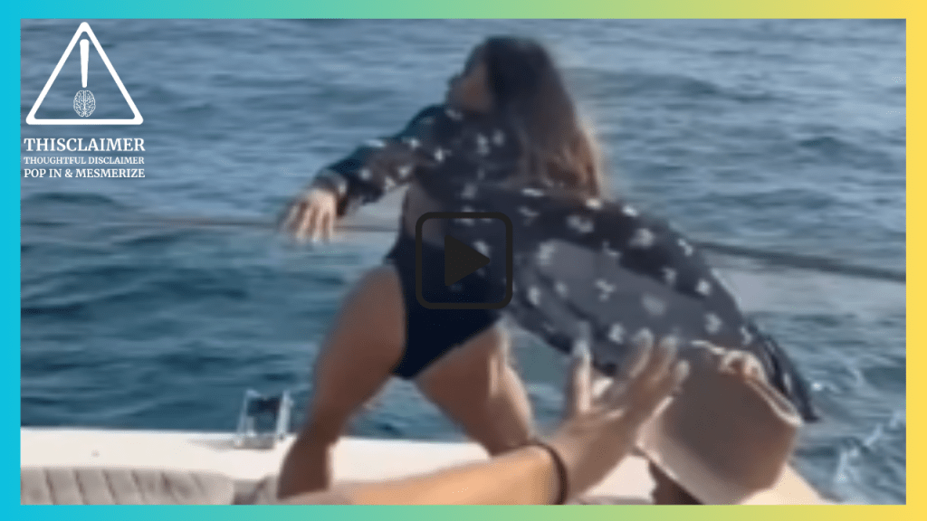 A woman in swimwear clings to the fence of a luxury yacht, appearing almost airborne as the boat’s movement causes gravity to shift unpredictably.