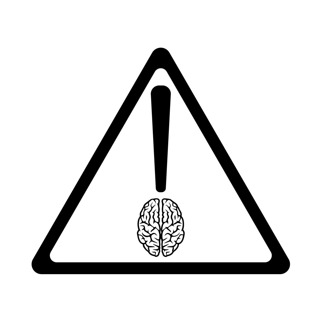 A triangular warning signal with a brain replacing the dot on an exclamation mark, representing a thoughtful disclaimer. Thisclaimer