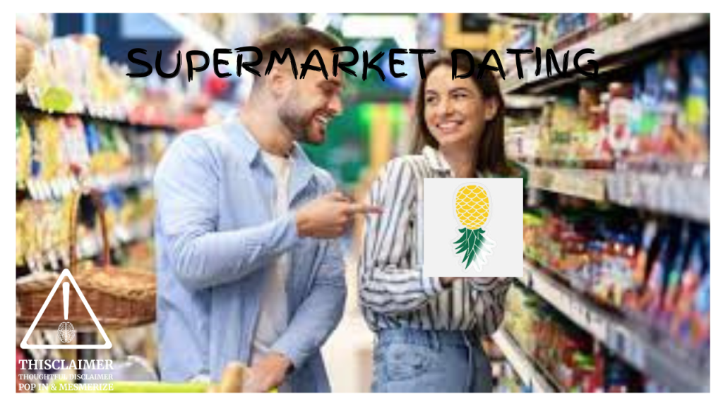 A man and woman smiling and talking in a supermarket aisle, with a pineapple upside-down cake on the shelf behind them.