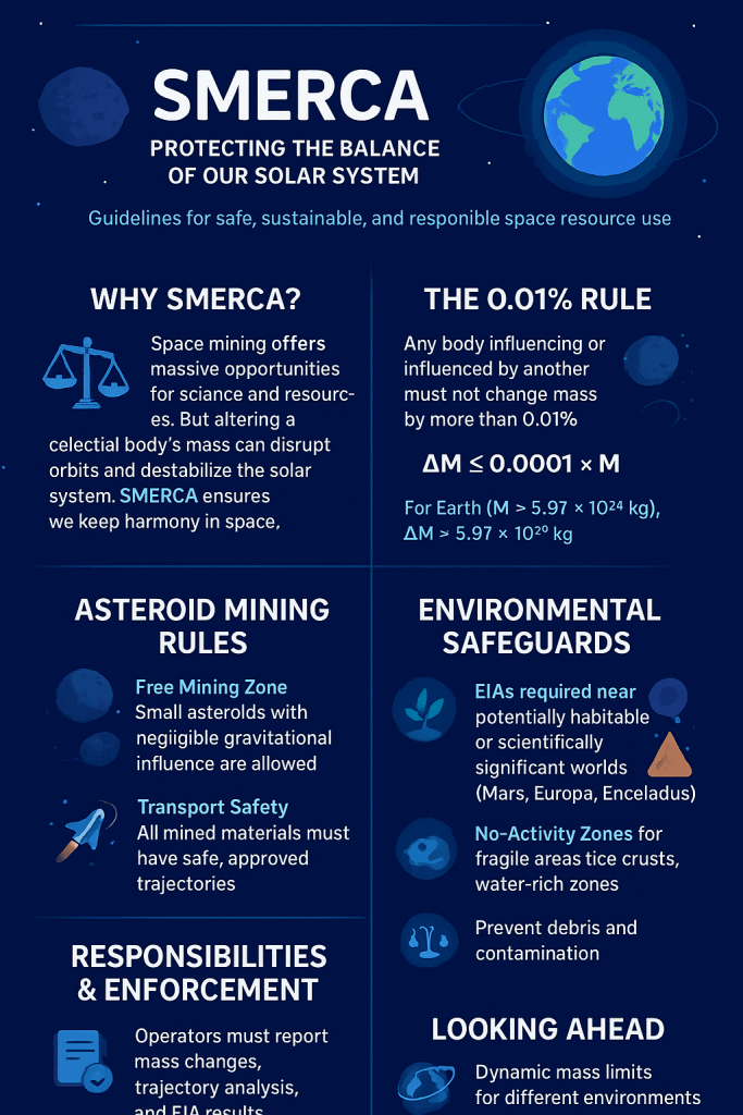 Infographic titled “SMERCA: Protecting the Balance of Our Solar System.” Dark space-themed layout divided into six panels: Why SMERCA; The 0.01% Rule (ΔM ≤ 0.0001 × M) with an Earth example; Asteroid Mining Rules (free mining zone, transport safety); Environmental Safeguards (EIAs, No-Activity Zones, contamination prevention); Responsibilities & Enforcement (reporting, audits, penalties); and Looking Ahead (dynamic limits, international governance, non-invasive tech). Simple icons show planets, asteroids, trajectory arrows, checklist and shield symbols.