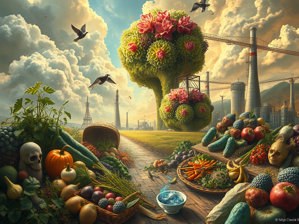 A wide-angle view of farmland, showing both crops and livestock, or a complex food web diagram.