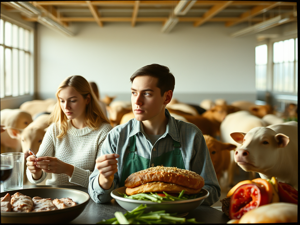 A human figure integrated into a natural landscape, or a hand gently touching a plant or animal.
