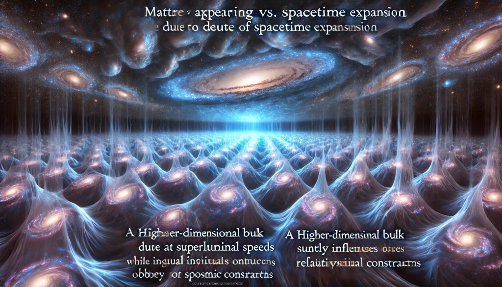 Diagram contrasting matter’s local motion with the expansion of spacetime, showing that while matter is bound by relativistic speed limits, the stretching of spacetime itself can exceed the speed of light.