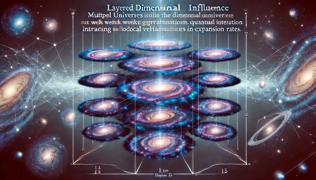 Illustration showing multiple universes within a shared dimensional layer, demonstrating how inter-universal interactions can produce local variations in expansion rates.