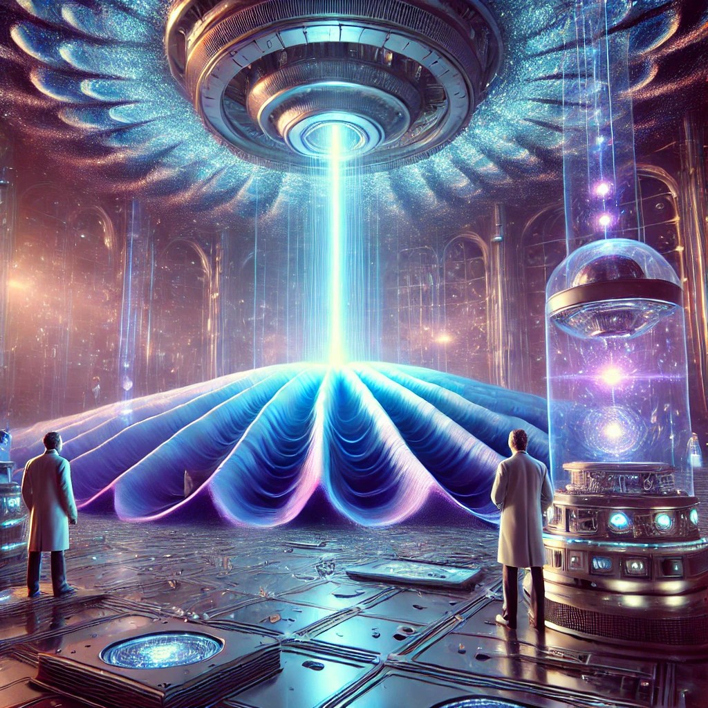 Futuristic laboratory beam generating blue-purple ripples in spacetime while scientists observe holographic projections.