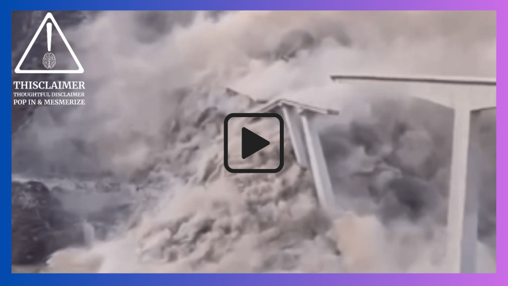 Screenshot of a video of damaged mountain bridge in Sichuan, with a collapsed section fallen into a riverbed and a steep landslide slope visible beside the remaining structure.