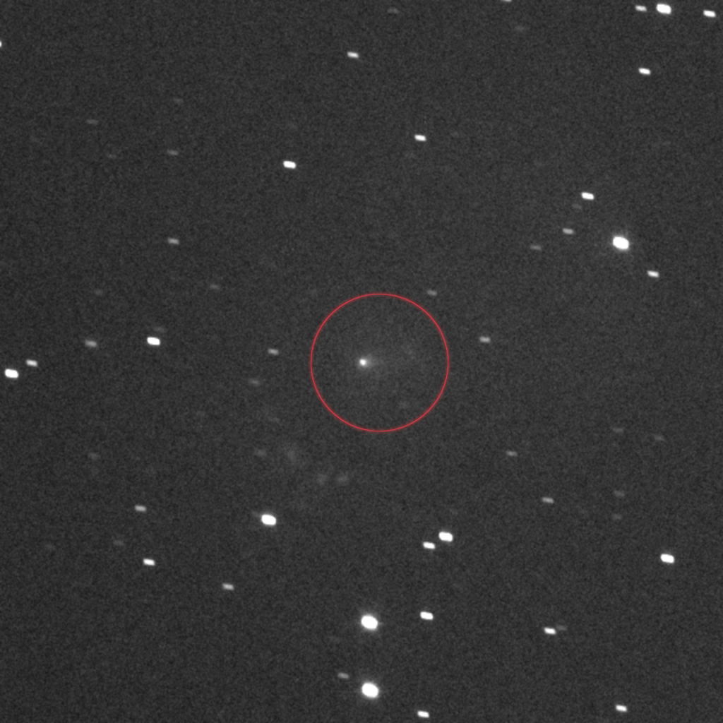 NASA tracking image showing interstellar comet 3I/ATLAS moving through space relative to stars.