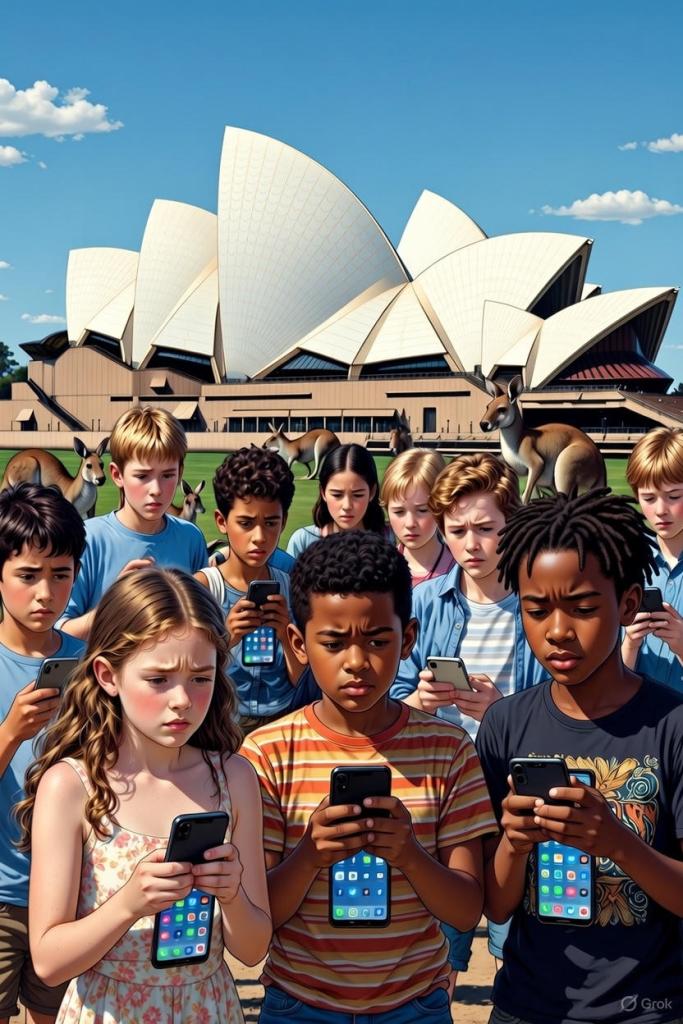 A diverse group of frustrated Australian teenagers staring at their smartphone screens, with kangaroos grazing in the background and the Sydney Opera House under a clear blue sky.