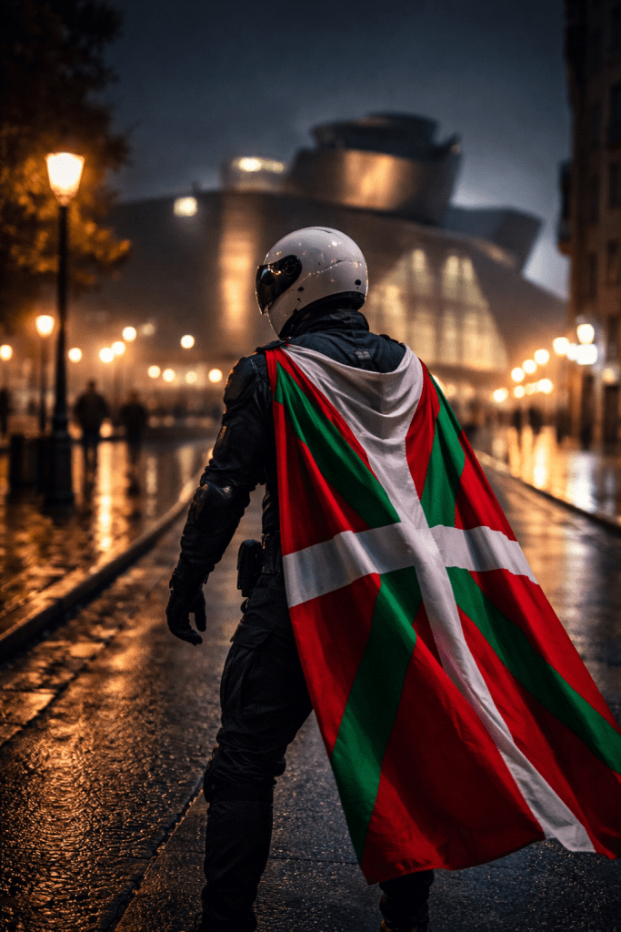 A masked figure wearing a white helmet and a Basque flag cape stands on a wet street in Bilbao at night.
