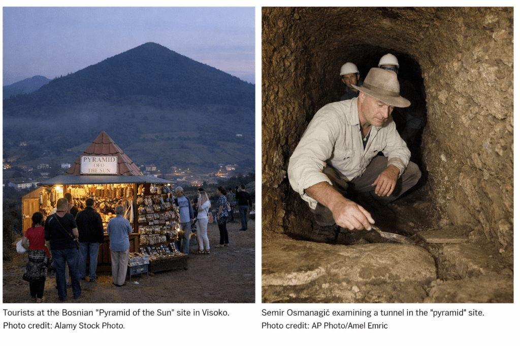 Visočica hill near Visoko with tourists and a pyramid souvenir stall in front.