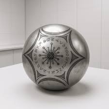 Reflective metal sphere on ground near Buga, Colombia, with villagers in silhouette.