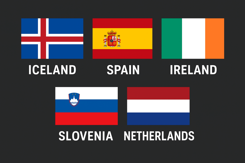 Illustration showing the national flags of Iceland, Spain, Ireland, Slovenia and the Netherlands arranged together to represent their collective boycott of Eurovision 2026.