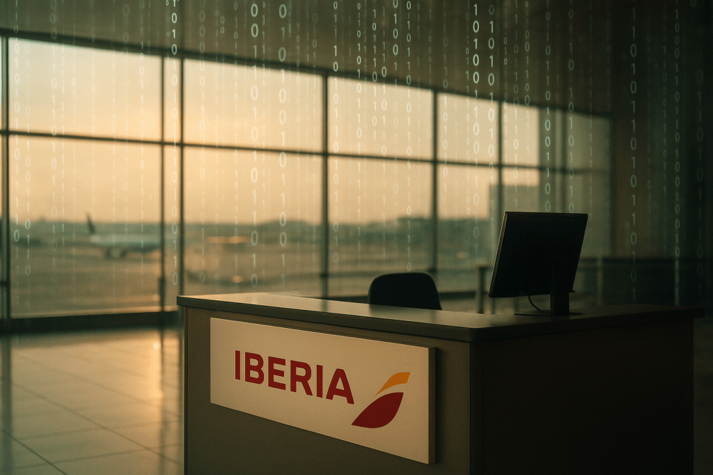 Empty Iberia check-in desk with stylized falling digital data overlay, symbolizing a customer data leak.
