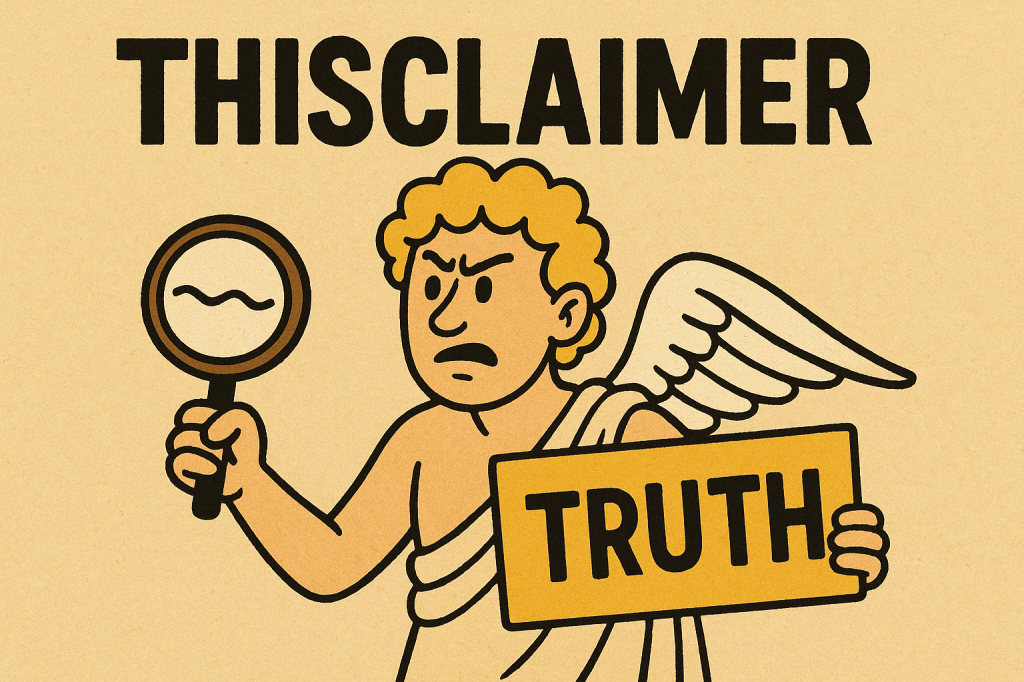 Illustrated angel holding a magnifying glass and a “Truth” sign under the word Thisclaimer, symbolising fact-checking, honesty, and calling out lies.