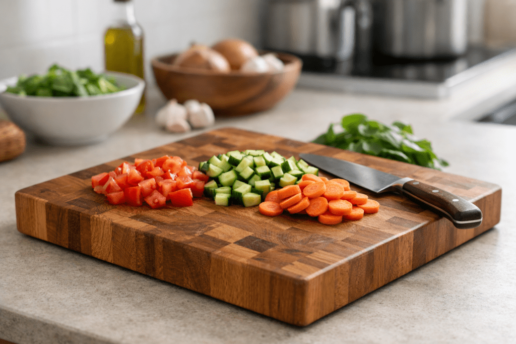 End-grain hardwood cutting board with chopped vegetables on a kitchen counter.