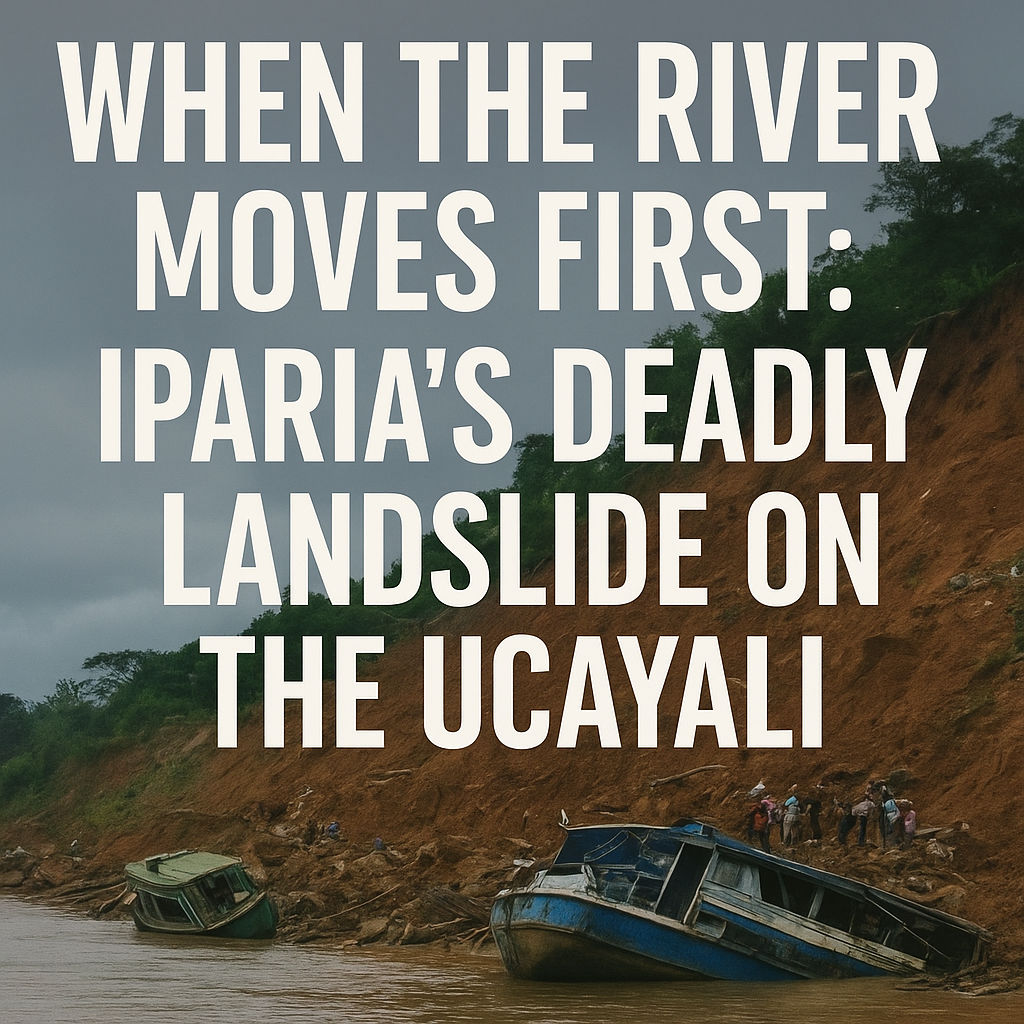 A non-graphic news-style image showing a muddy riverbank after a landslide, with two damaged boats tilted near the shore and a small group of people standing safely on the bank under an overcast sky. Large headline text overlays the scene reading “When the River Moves First: Iparia’s Deadly Landslide on the Ucayali.