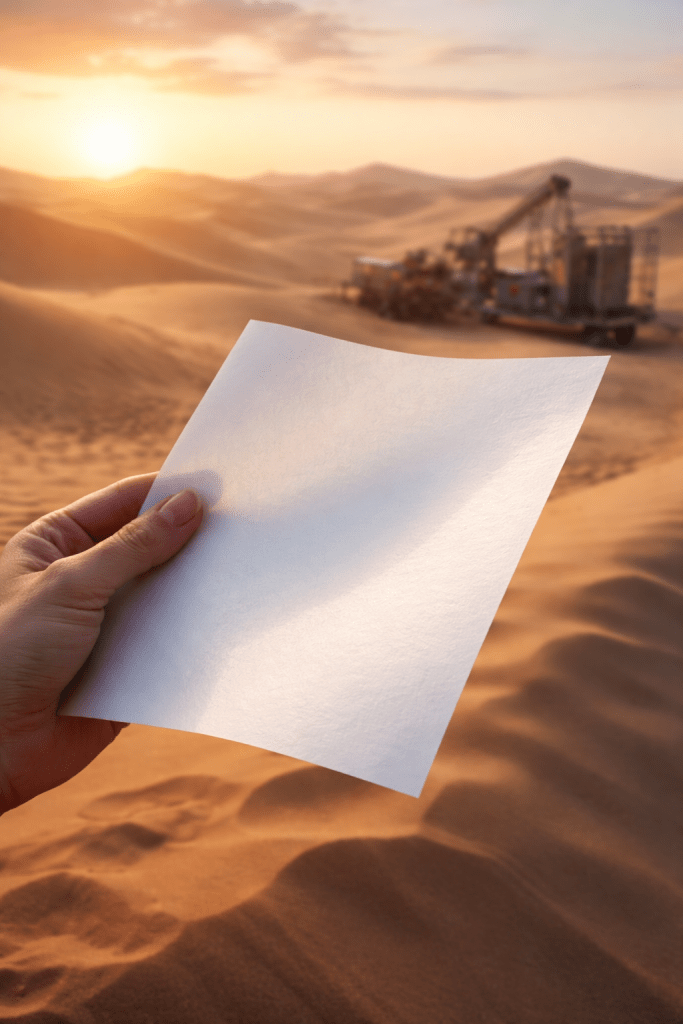 Hand holding a sheet of stone paper against desert dunes and a distant factory.