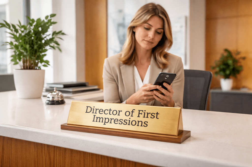 Reception desk with a nameplate reading “Director of First Impressions” and a receptionist looking bemused.