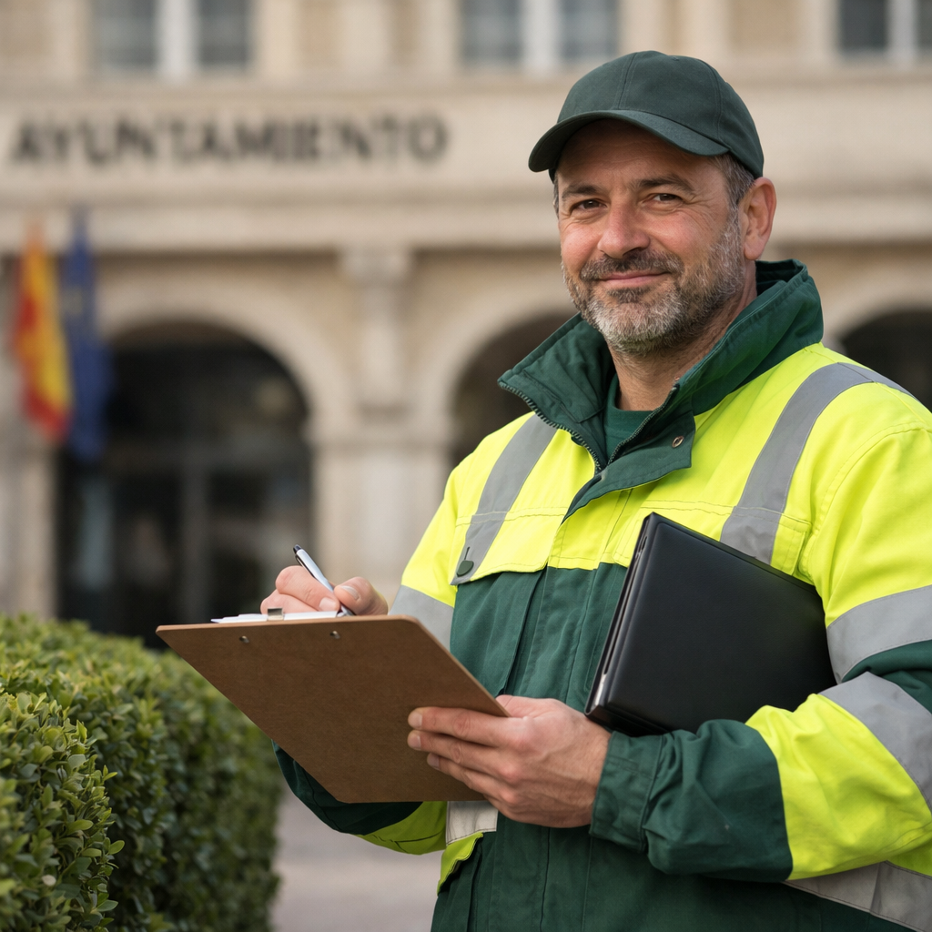 Municipal gardener with clipboard and laptop beside trimmed hedges outside town hall.