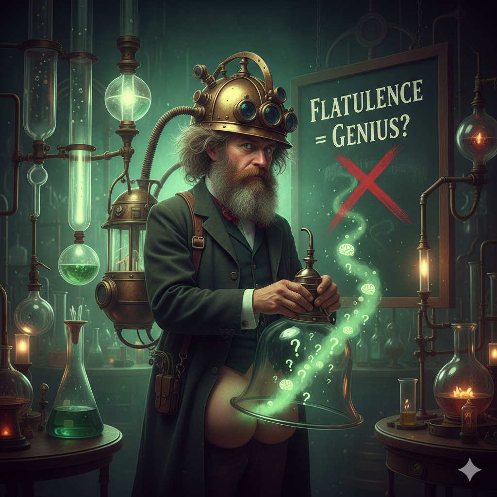 A whimsical, steampunk-style illustration of a 19th-century scientist in a laboratory filled with bubbling glass flasks. He is wearing a brass helmet and holding a glass bell jar that is capturing a glowing green gas. In the background, a chalkboard reads "Flatulence = Genius?" with a large red 'X' drawn over it.