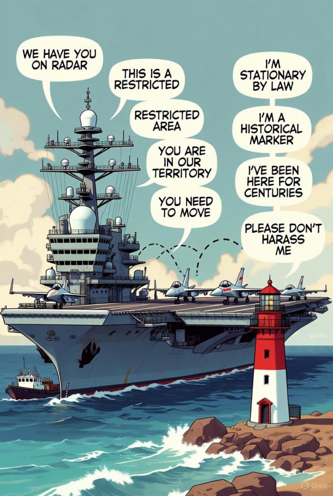 Cartoon illustration of the USS Abraham Lincoln aircraft carrier approaching a lighthouse on a rocky shore, with humorous speech bubbles exchanging banter about moving out of the way.