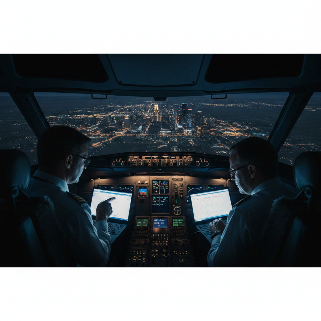 Illustration of pilots looking at laptops in a dark cockpit while flying past a glowing city below.