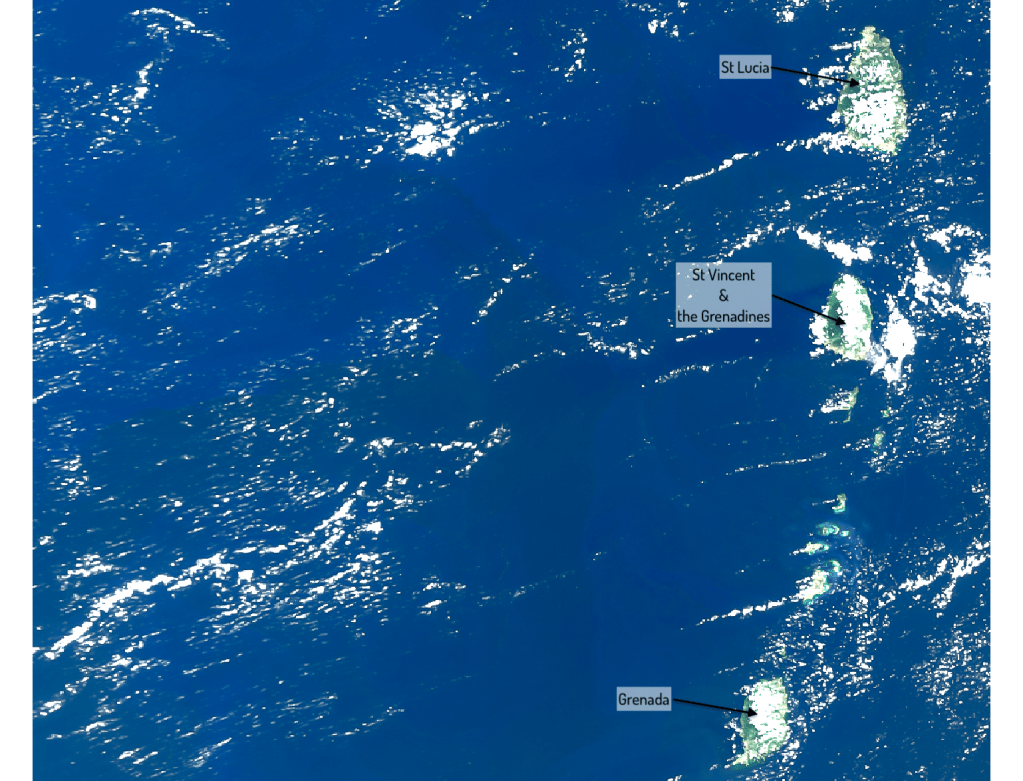 Satellite-image view of Caribbean Sea with long dark-brown swaths across turquoise ocean