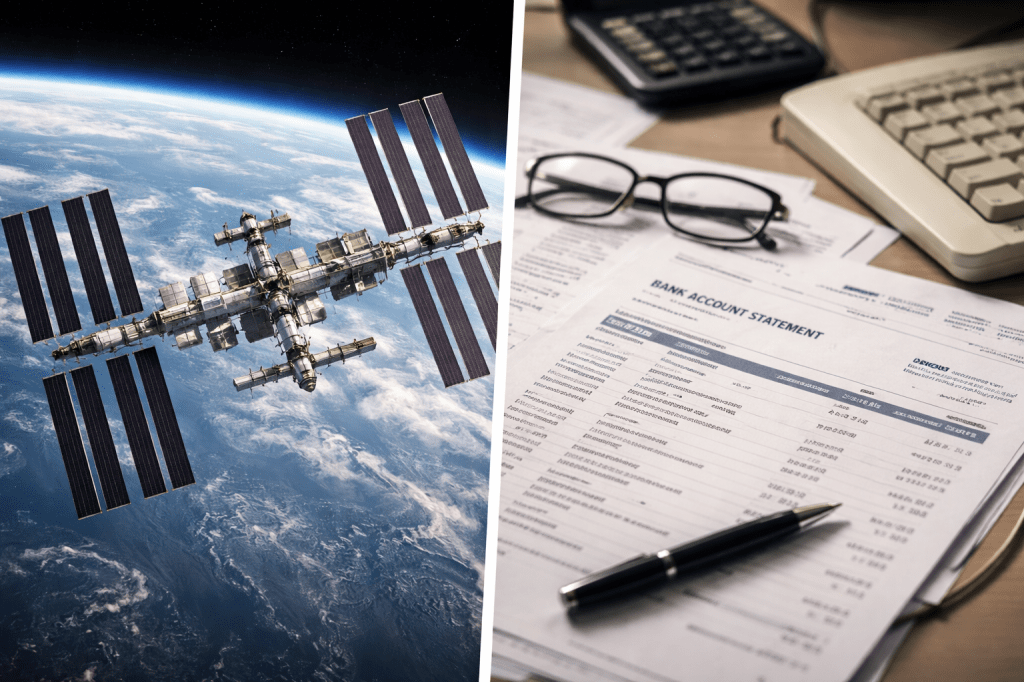 Split editorial image of the International Space Station above Earth and bank records with a keyboard.