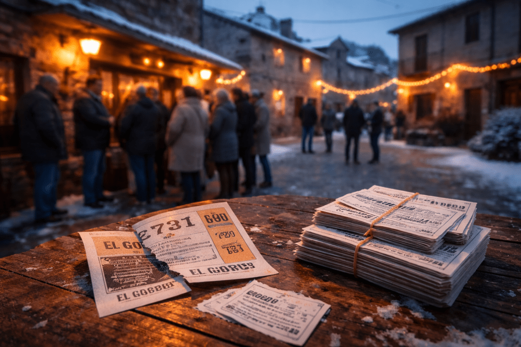 Villamanín villagers gather in a small square, a torn lottery ticket and participaciones on a table in the foreground.