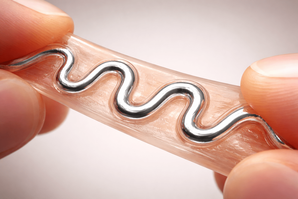 Macro of a liquid-metal conductor embedded in stretchable polymer being pulled apart.