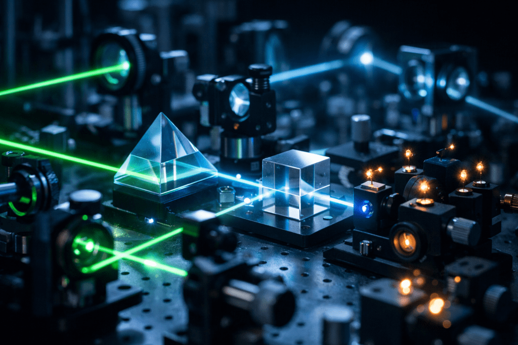 Photonic quantum experiment with lasers, prisms and detectors on an optical bench.