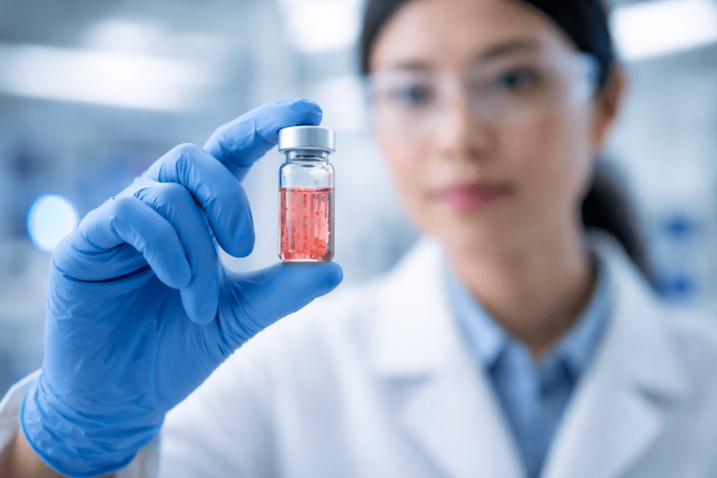 Researcher holding vial of stem cells in a modern laboratory setting.
