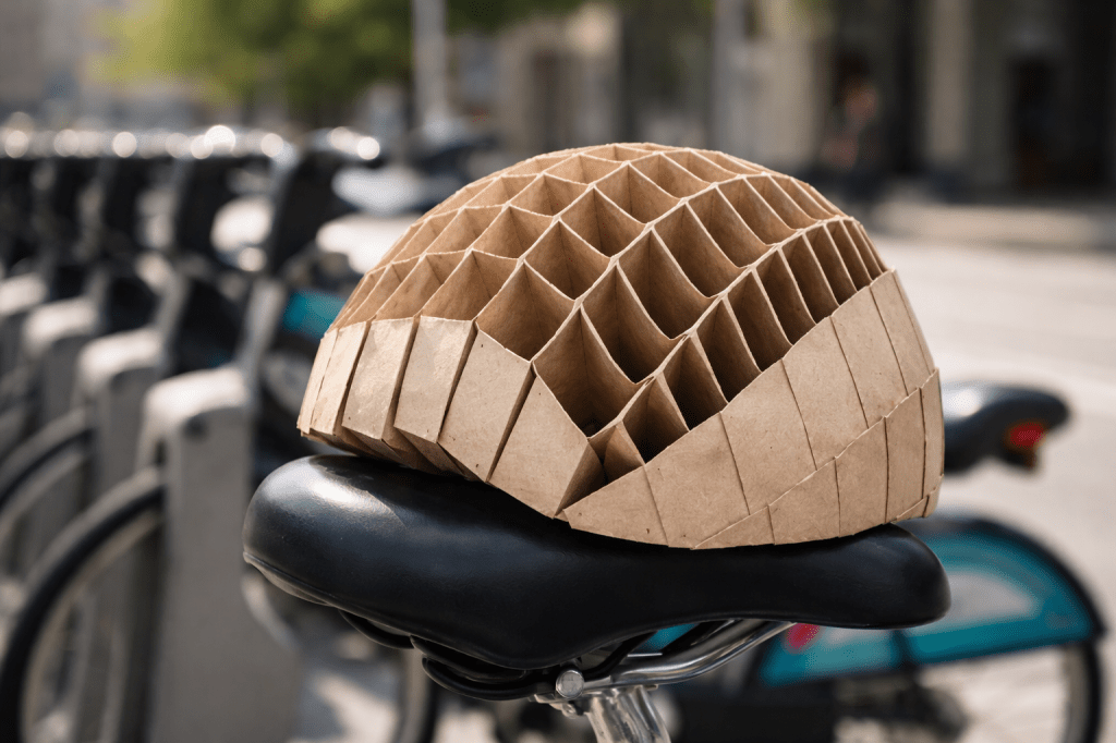 Foldable paper bike helmet unfolding into a honeycomb shell on a bicycle seat.