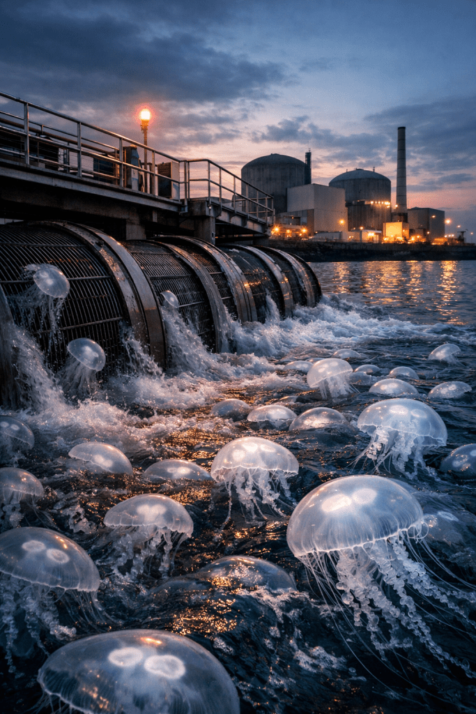 Jellyfish swarm clogging the cooling intake of a coastal nuclear plant.