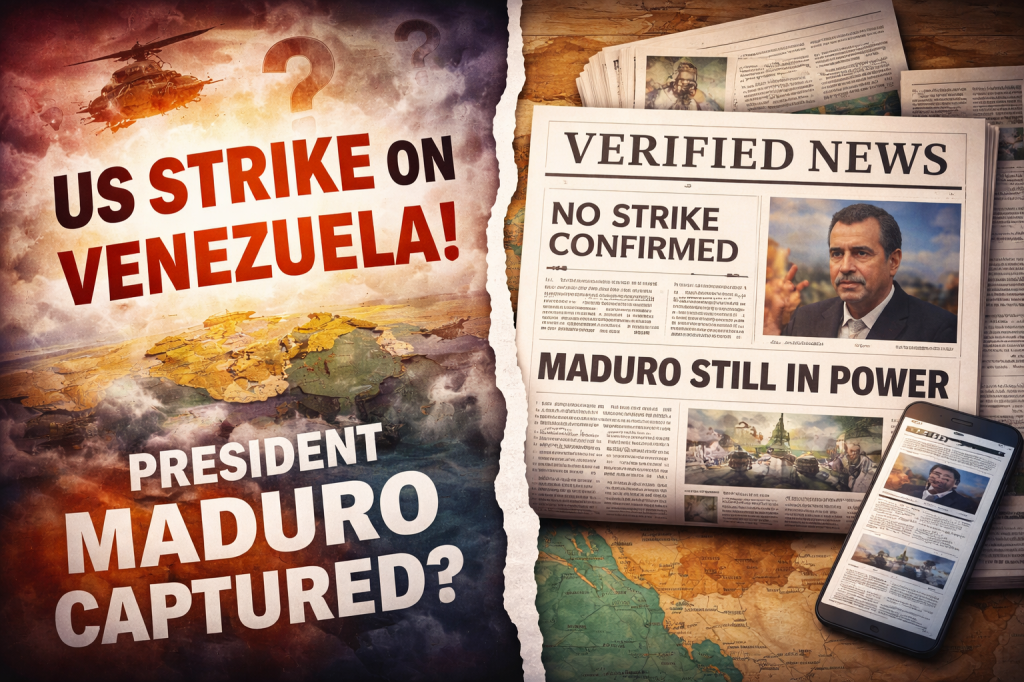 Illustration contrasting sensational headlines about a US strike on Venezuela with verified reporting stating no strike confirmed (conceptual image, not photographic evidence).