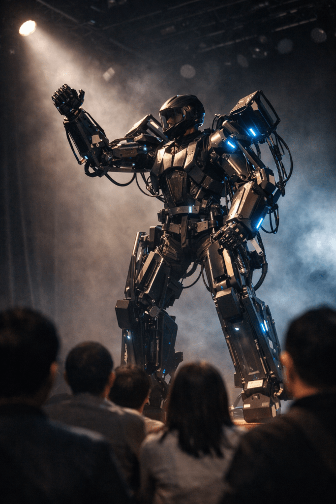 Person inside a 9-foot mechanical exoskeleton raises an arm on a dimly lit stage.