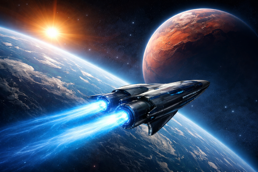 A futuristic fusion rocket traveling from Earth toward Mars with glowing plasma engines.