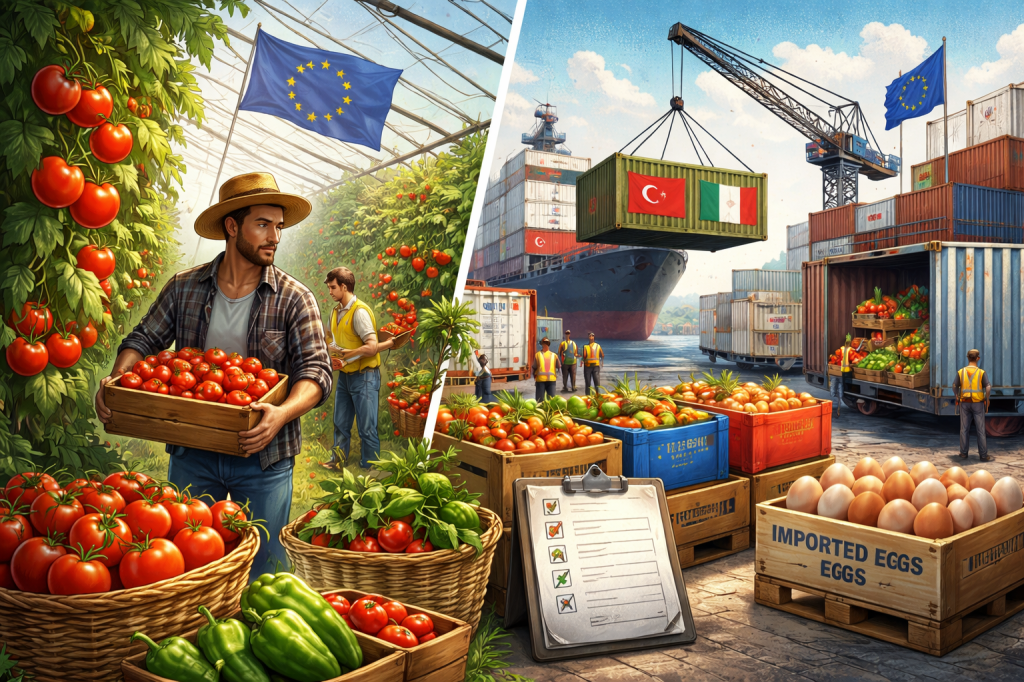 Editorial illustration contrasting European farming with imported produce and the politics of food autonomy.