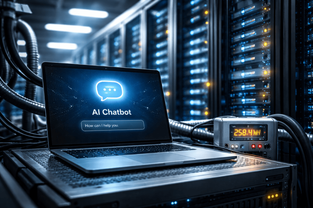 A laptop showing an AI chatbot in a server room with rows of data-centre racks and a power meter in the foreground.