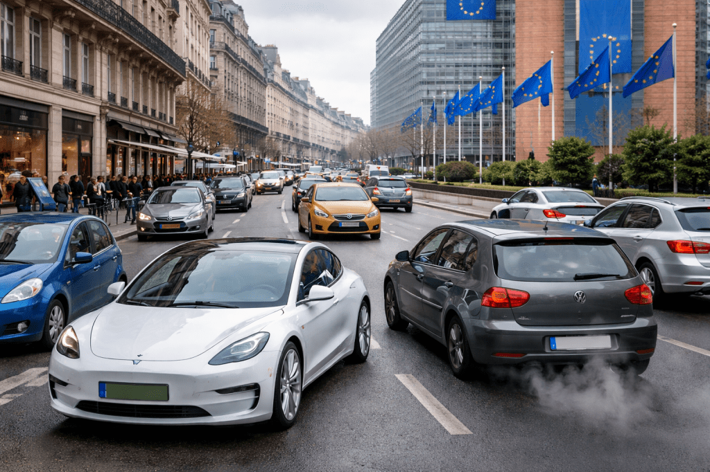 A mix of electric, petrol, and diesel cars driving in a European city street beneath an overcast sky.