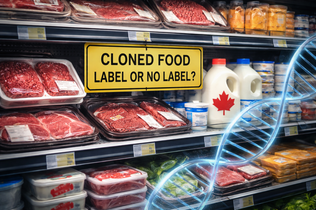 Canadian grocery shelf with meat and dairy products and a subtle DNA overlay, suggesting debate over cloned-food labeling.