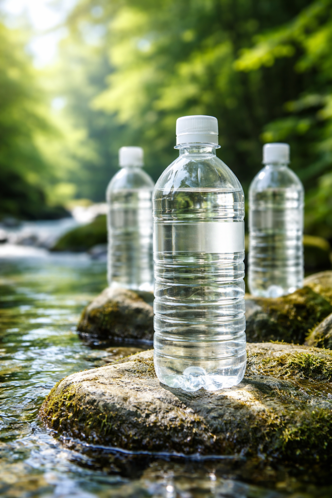 Three clear plastic water bottles with minimal labels placed on mossy rocks beside a flowing forest stream in soft sunlight.