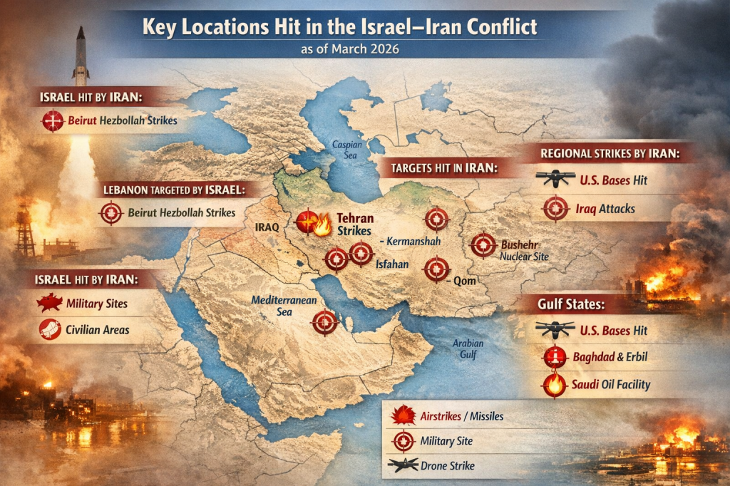 Infographic map showing reported military strike locations across Iran, Israel, Lebanon, and nearby Middle East regions during the current escalation.